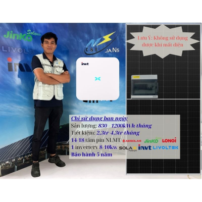 Hệ thống điện mặt trời hòa lưới bám tải 8-10kWp 1 phase (hóa đơn điện 4 - 6 triệu/tháng)