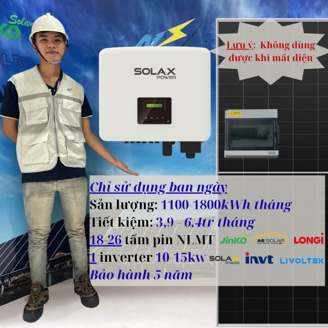 Hệ thống điện mặt trời hòa lưới bám tải 10-15kWp 1 phase hoặc 3 phase  (hóa đơn điện 6 - 10 triệu/tháng)