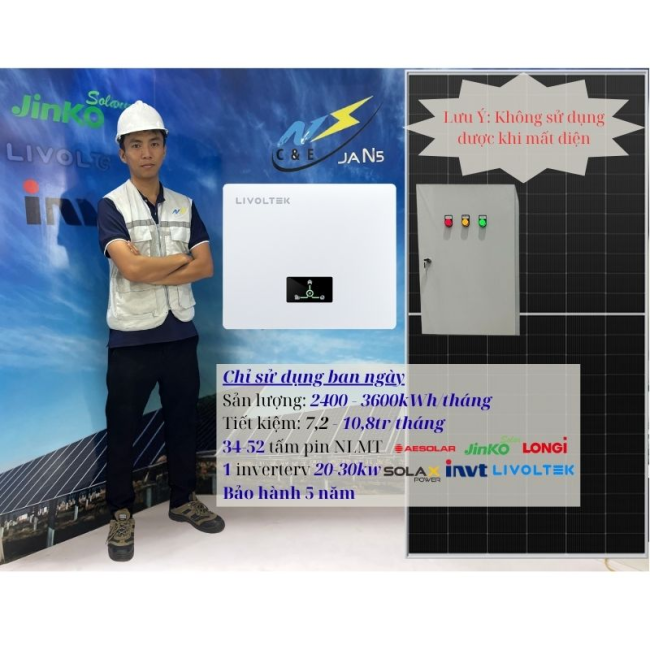 Hệ thống điện mặt trời hòa lưới bám tải 20-30kWp 3 Phase (hóa đơn điện 10 - 15 triệu/tháng 3 phase)